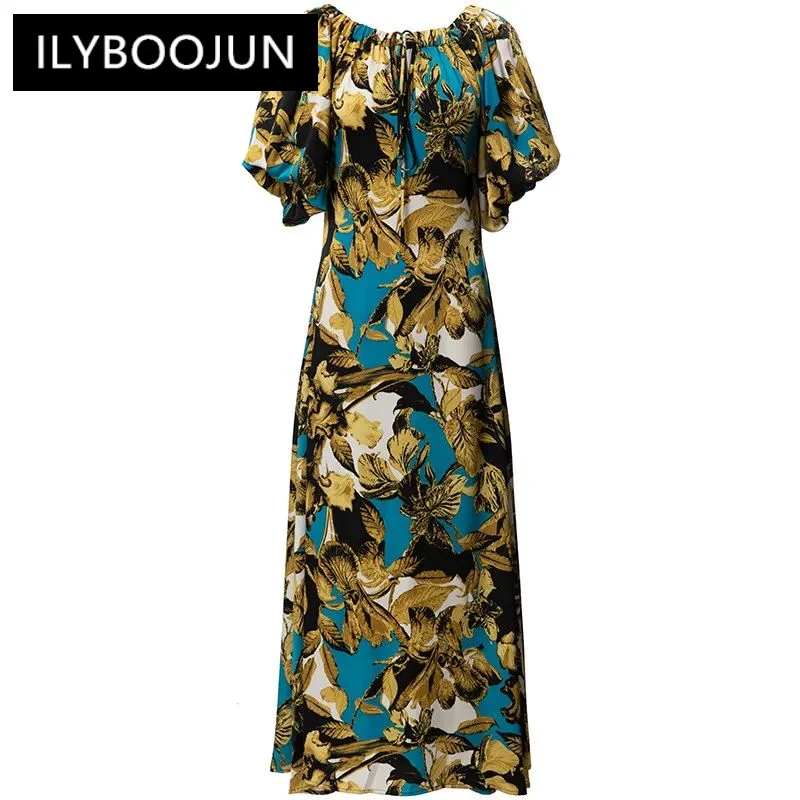 

ILYBOOJUN Fashion Designer spring Summer Women's O-Neck Lantern Sleeved Lace-UP hollow out Vintage Printed Dresses