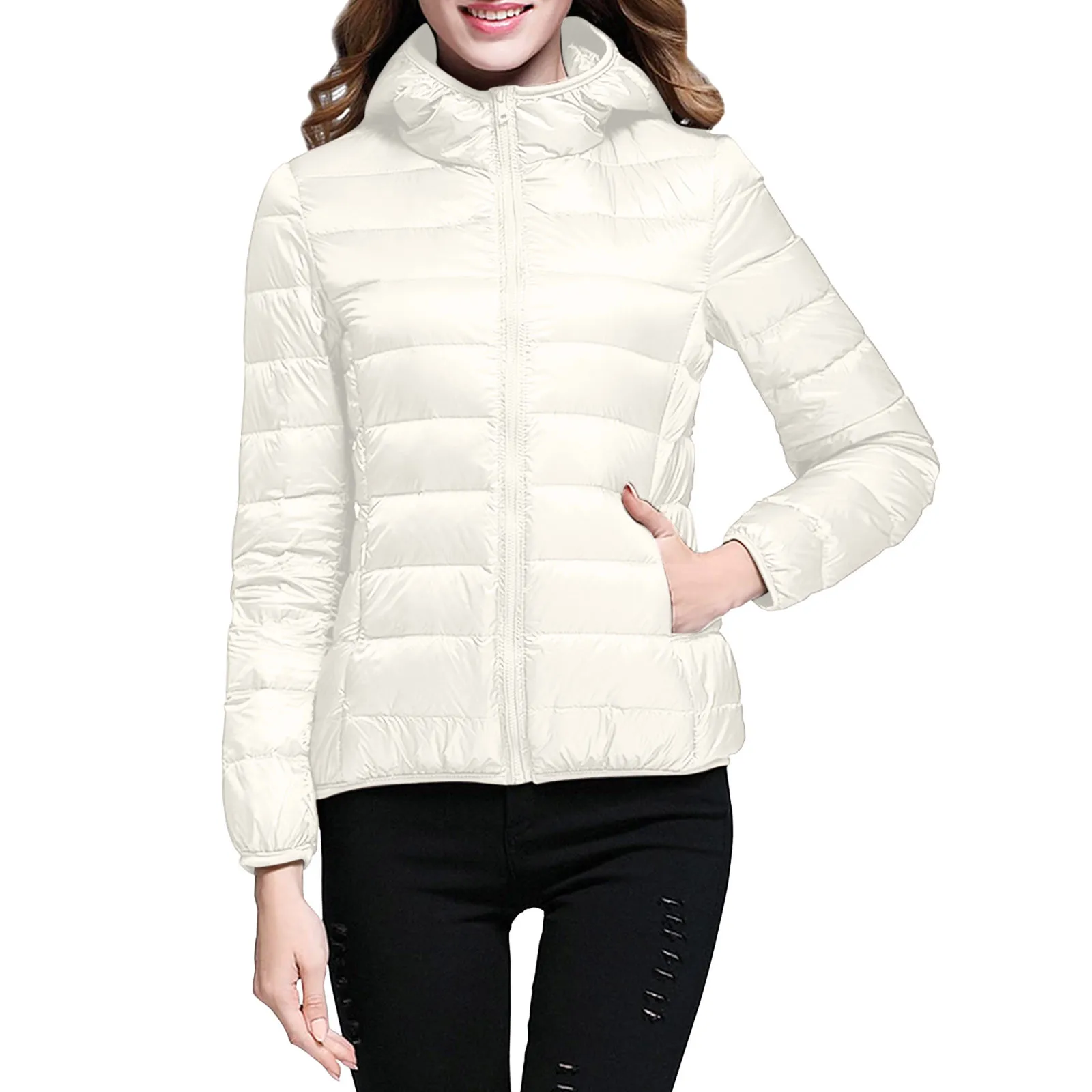 Women Warm Lightweight Jacket Coats Fashion Hooded Windproof Winter Coat With Pockets Winter Slim Short Warm White Duck Outwear