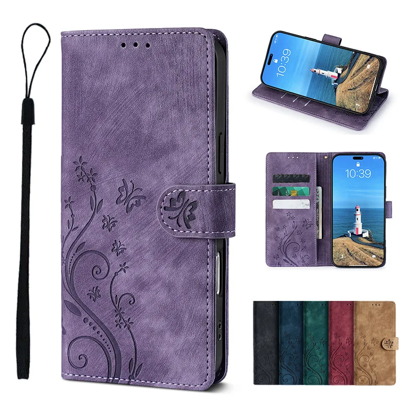 Capa carteira com estampa de borboleta para Nokia C300 C200 C110 C100 C32 C22 C21 C20 C12, em couro, com 3 compartimentos para cartões, fecho magnético e tampa flip.