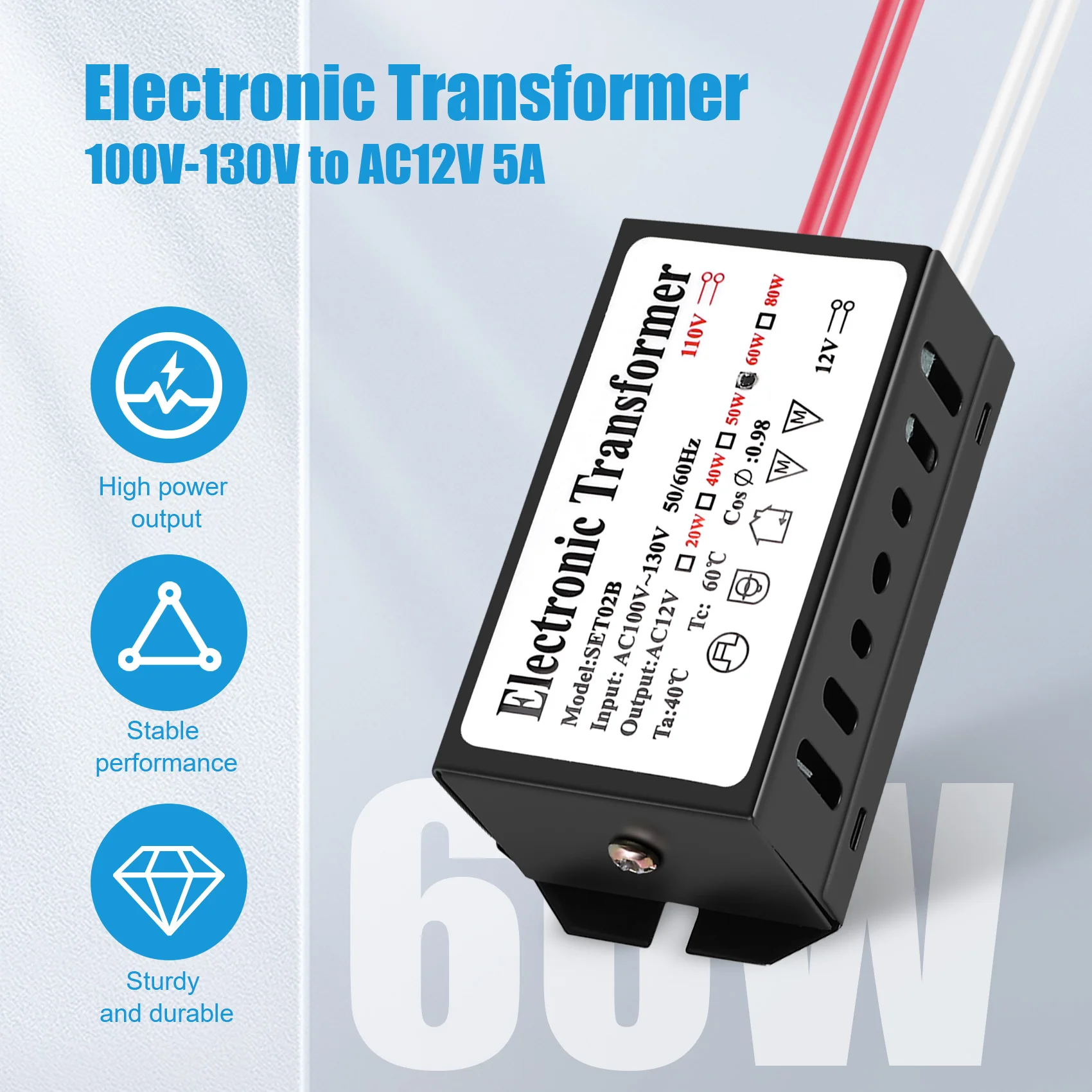 Convertidor de fuente de alimentación de luz halógena, Transformador electrónico, 110V a 12V, 60W