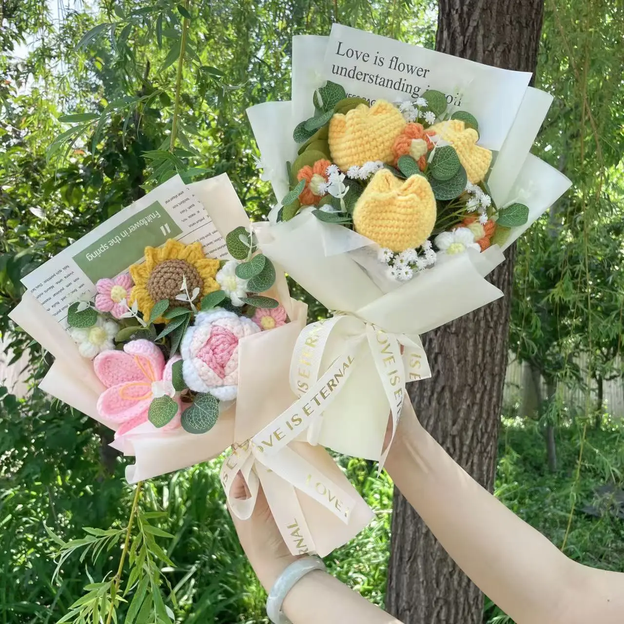 Finished Crochet bouquet Rope Artificial Flowers Stuffed Plants Wedding Valentine Mothers' Day Birthday Graduation Gifts