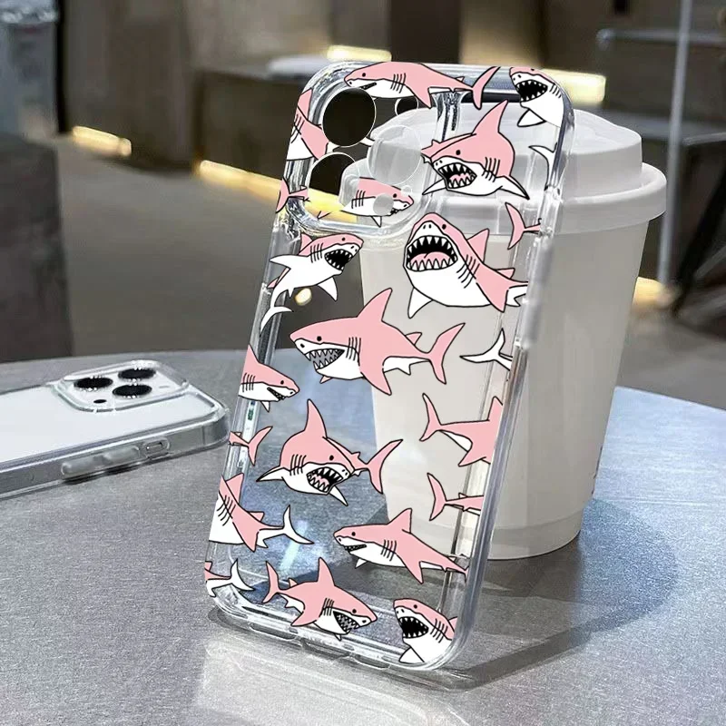 Cartoon Cute Shark & Dinosaur Soft Clear Phone Case for iPhone 16 15 14 13 12 11 Pro Max Mini XR X XS 7 8 SE2 3 15 16 Plus Cover