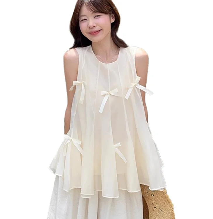 

Лето 2025 г., милые майки с бантом, пышные сетчатые топы без рукавов, свободный крой