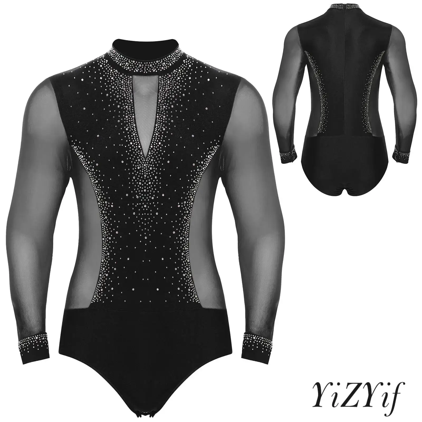 Body de danse Jazz latine pour hommes, patinage artistique, manches longues, maille transparente épissée, strass scintillants, justaucorps