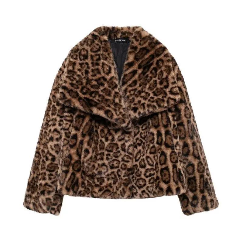 2025 Fashion Women's Leopard Casual Trendt Turn-down Collar Long Sleeve Faux Fur Cardigans Female Autumn Winter Coats Clothes