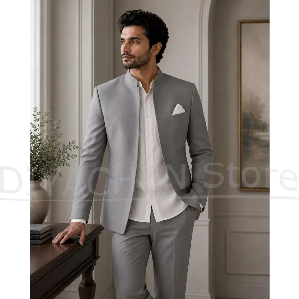 Chic Mandarin Collar Men Suit 2 Piece Open Front Blazer Pants Slim Fit Wedding Groom Tuxedo Formal Business Party Casual Outfit