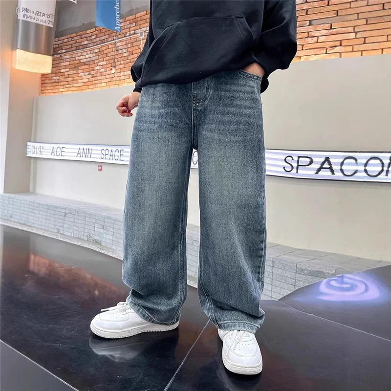 Boys Jeans Pants Spring Kids Wide Leg Straight Trousers Autumn Loose-Fit Casual Trousers Children's Trendy Sweatpants Pant 5-14Y