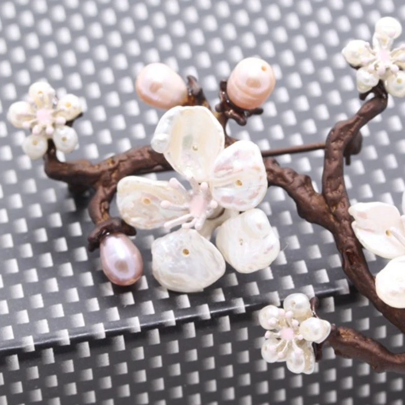 Pure Handmade Baroque Natural Freshwater Pearl Shell Flowers Brooch Pins Corsage Cherry Blossoms Branches Women Jewelry Gift 6cm