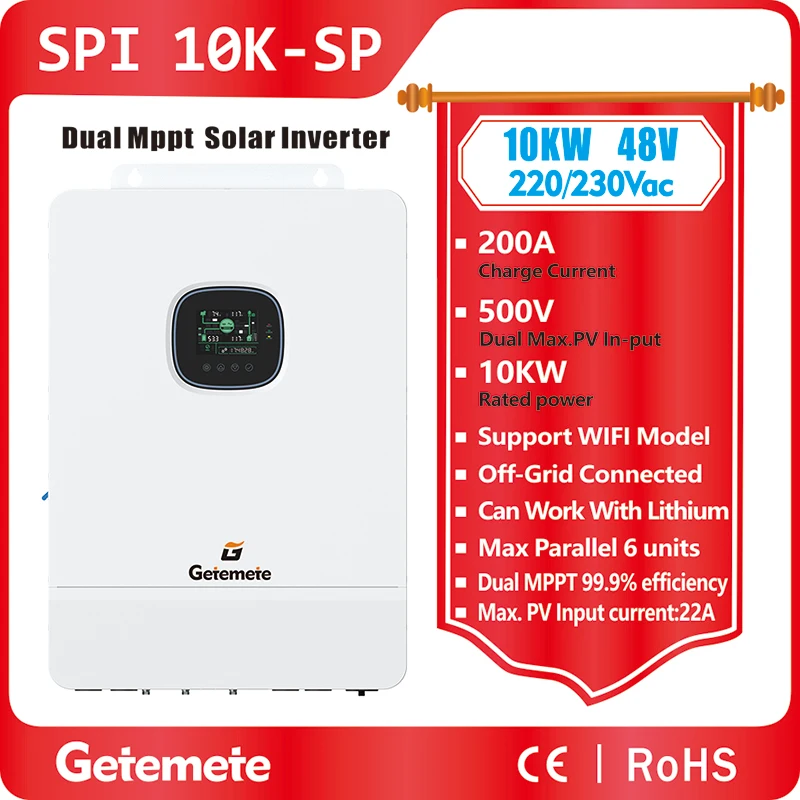 GTMT  10KW 48V 220/230VAC Max PV 500V Hybrid Solar Inverter Single-phase Dual MPPT Max 22A Charge Current Off-grid/On-grid