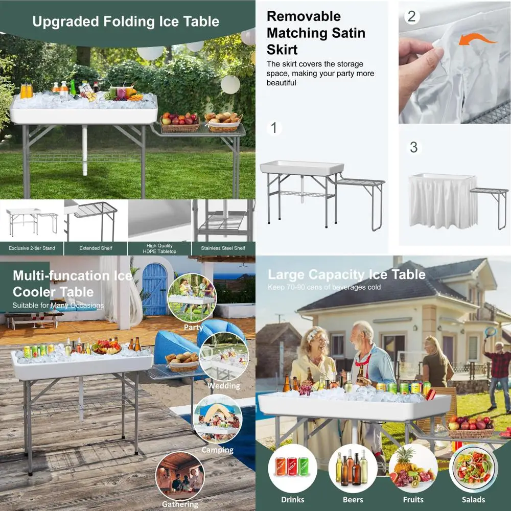 

Portable Folding Ice Cooler Table with Extendable Stand, Outdoor 4-Foot Ice Table with Matching Skirt and Drain Hose, Metal Shel