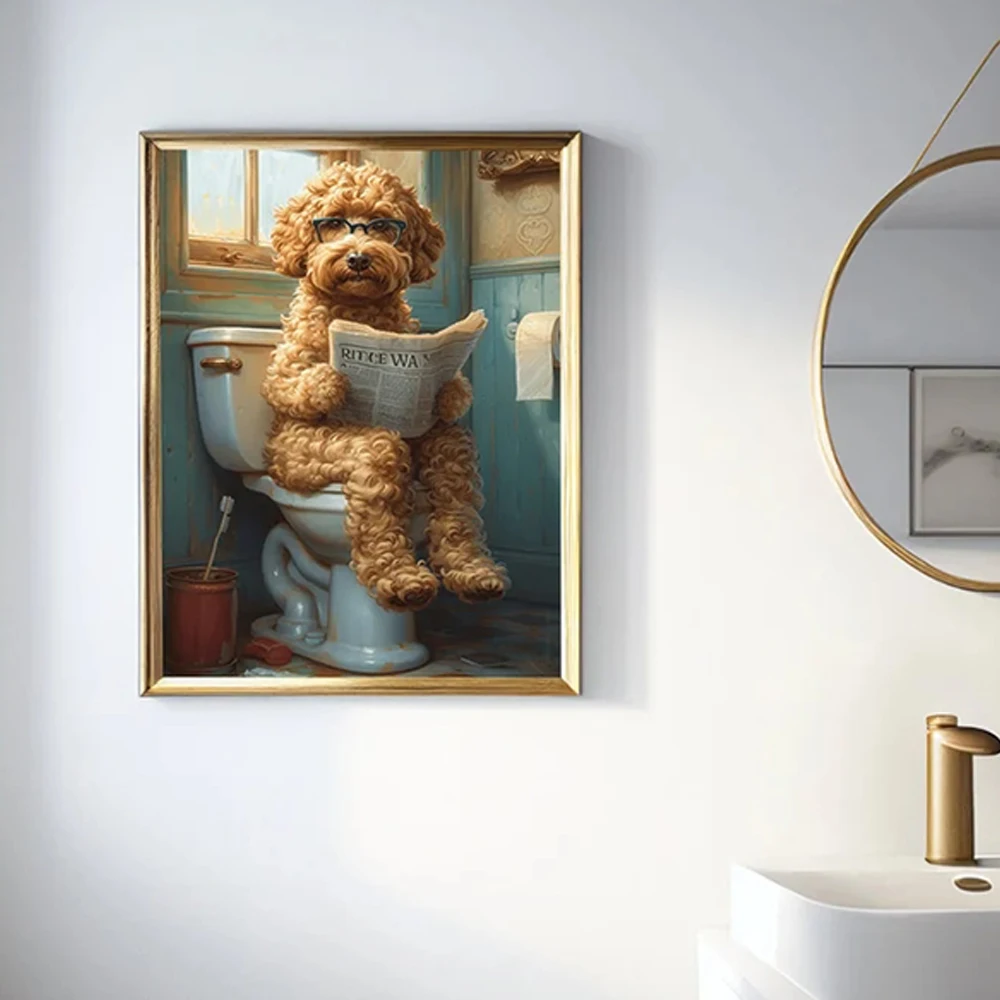 Modern Goldendoodle On Toilet Wall Art Canvas Funny Painting Gift Posters For Living Room Bathroom Home Decor