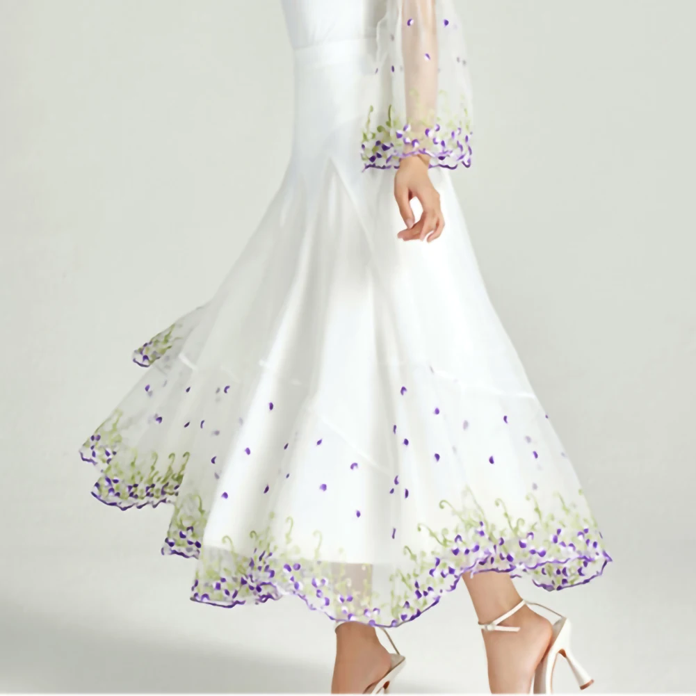 تنورة الفالس الحديثة الأبيض الأرجواني جودة عالية مسابقة الرقص الحديث مناسبة رسمية تنورة عرض مطرزة