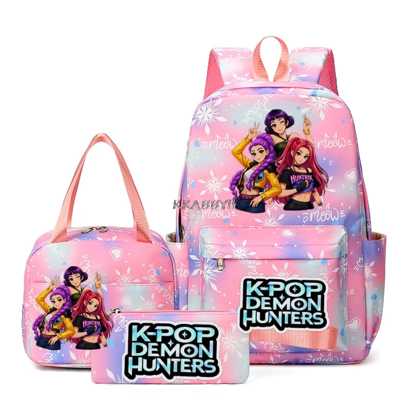 Nova Mochila KPop Demon Hunters 3 Peças para Meninas e Meninos com Bolsas para Almoço, Mochila Feminina Leve e Fashion