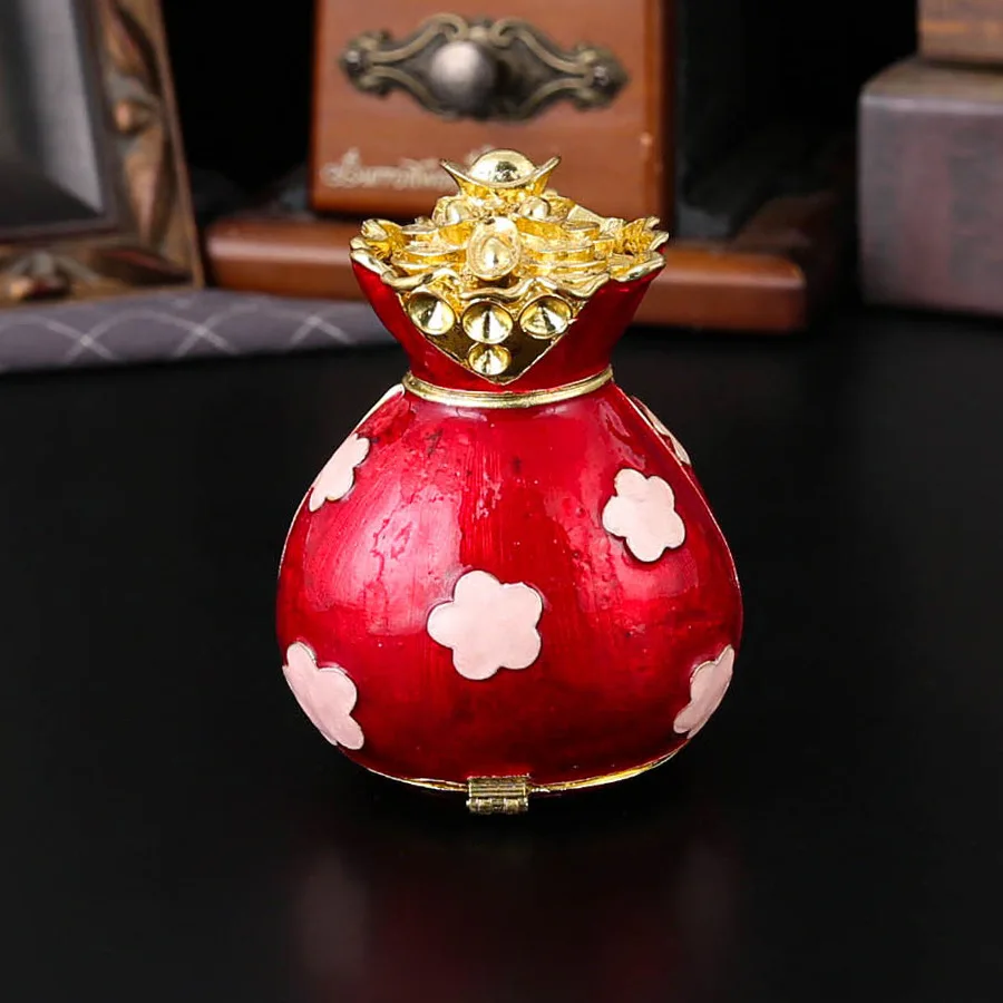 Chinese style Small Lucky Bag Shape Ring Jewelry Box Hand-Painted Enamel Red Trinket Storage Organizer Box Unique Gift for Deco