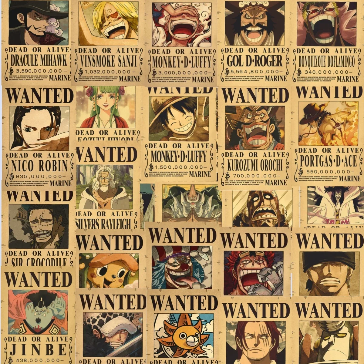 Anime ONE PIECE Retro Kraft Paper Reward Notice 16*12in One Piece Character Wanted Notice Poster Wall Bedroom Bar Decor Gifts