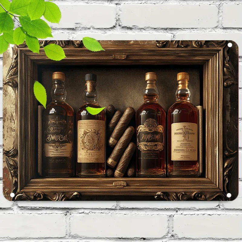 

Lounge-inspired Aluminum Sign: Exquisite Artwork of Whiskey Bottles and Cigars in Ornate Frame, Great for Home Bar Decor