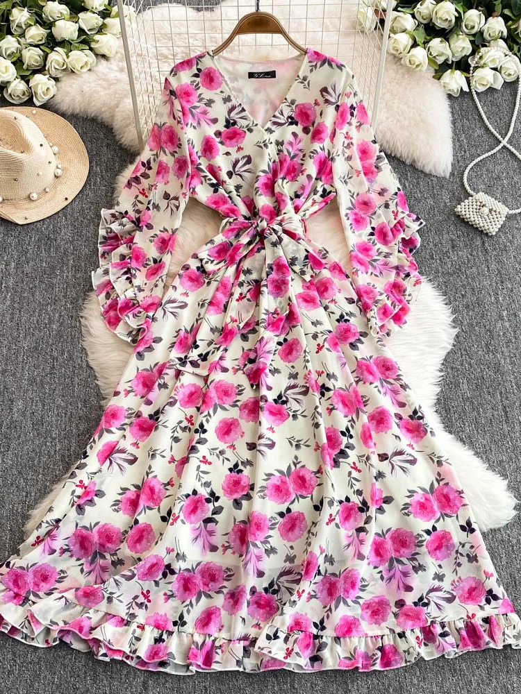 Boho scollo a V Abito lungo estivo da donna in chiffon con stampa floreale Chic casual fasciatura sottile vacanza al mare INS elegante abito a trapezio tunica