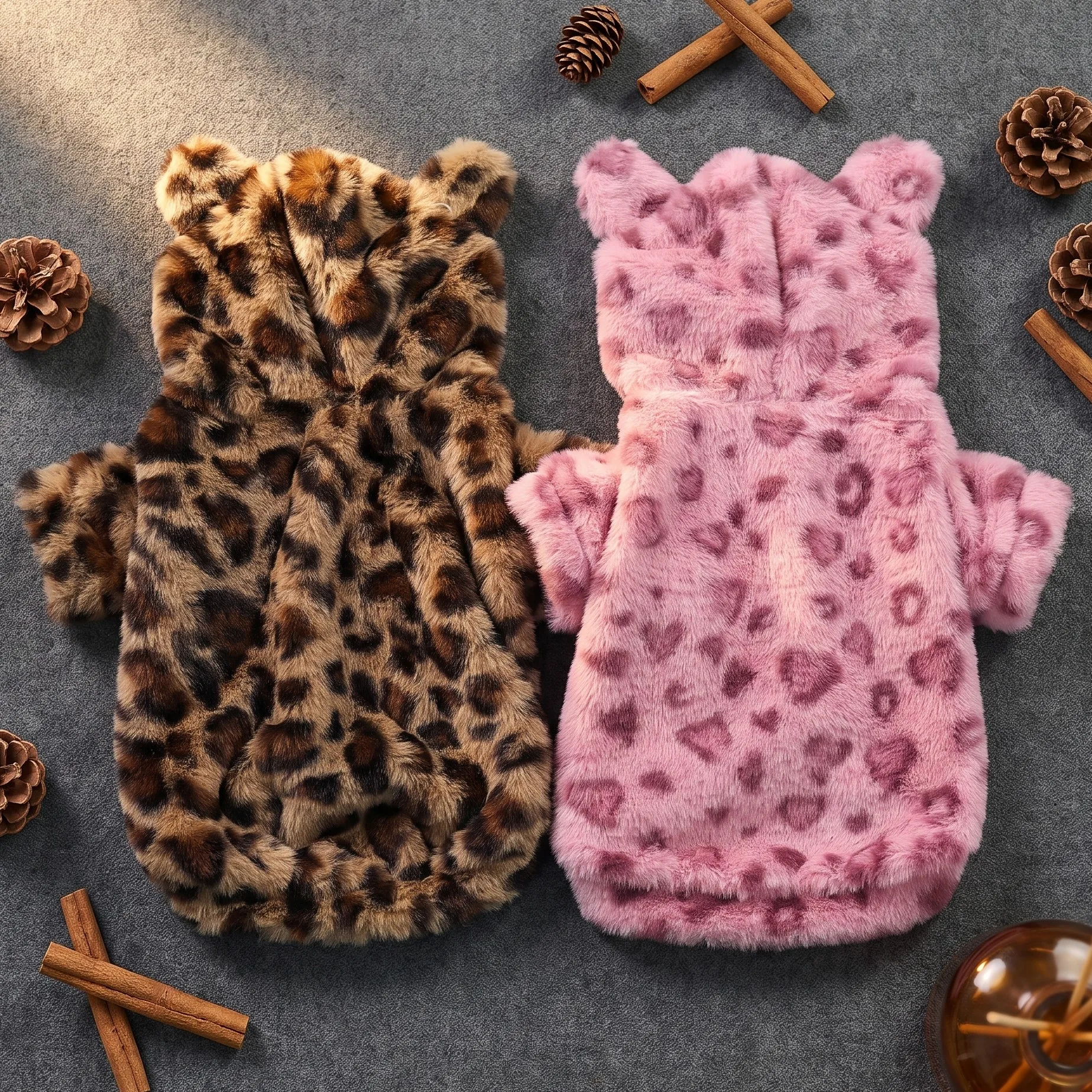 Hundejacke, Retro-Leopardenmuster, Kunstfell-Teddybär-Ohren, Kapuzenjacke mit Reißverschluss, dicke, flauschige, warme Haustierjacke – Detail 1