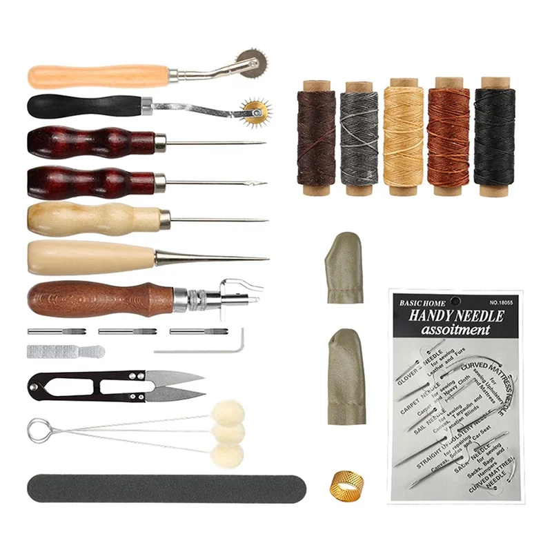 Set di strumenti manuali per l'artigianato in pelle altamente raccomandato per cucito, stampaggio, intaglio, opere d'arte in pelle, kit di strumenti per la lavorazione della pelle
