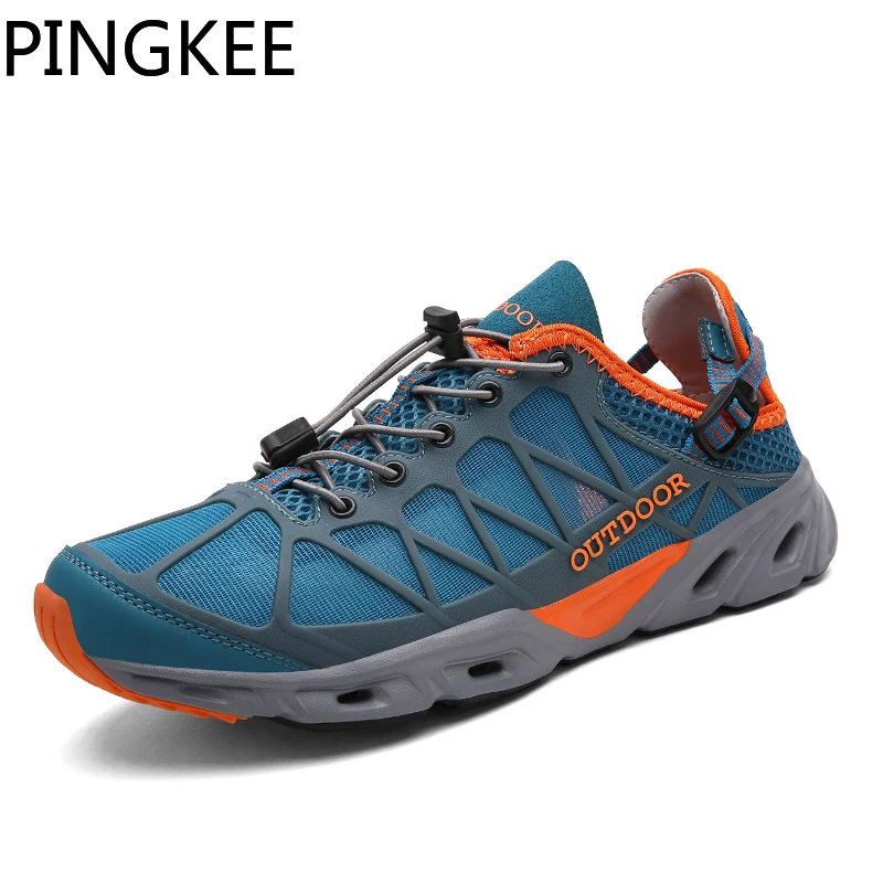 PINGKEE Air Mesh Lace-lock Bungee Cord Water Aqua Drainage Hole Grip Cushion Men's Sneakers Shoes Summer Hiking Sandals For Men