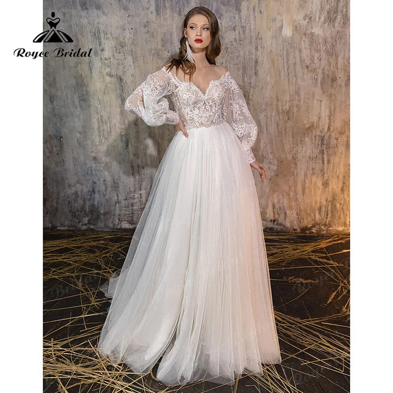 2022 Fairy Boho Wedding Dress Long Puff Sleeve Lace Tulle A Line Sweep Train Bridal Gown Custom Made Robe de Mariee Roycebridal