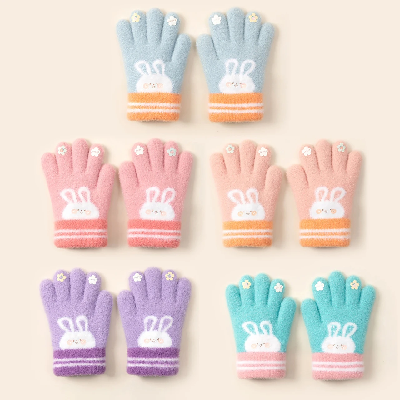 Cute Rabbit Gloves For Kids Girls Warm Velvet Split Finger M