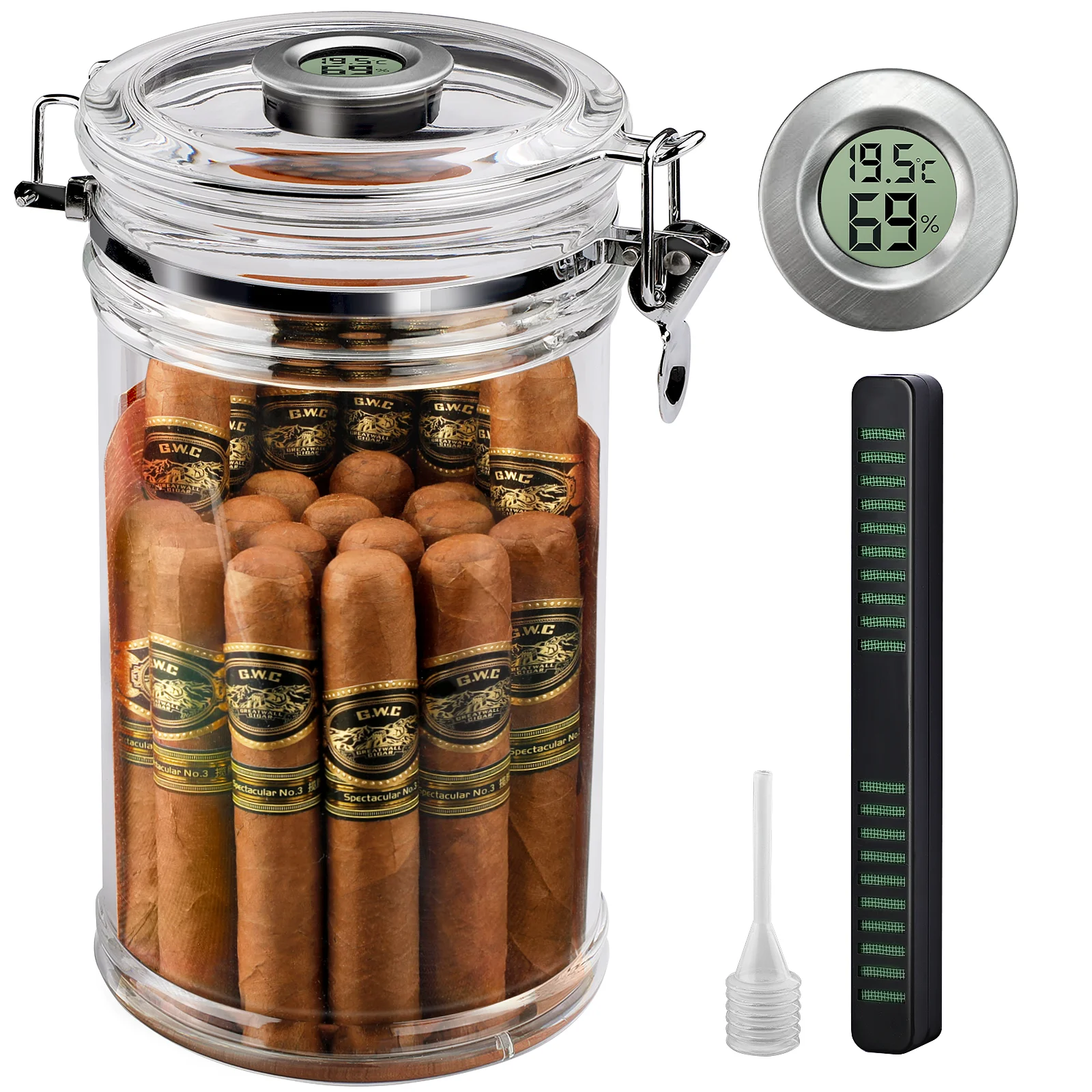 Acrylic Humidor Jar with Digital Hygrometer,Tall Design Fits Long Cigar,Humidifier,Cedar Veneer,Travel Humidor for 15-20 Cigars