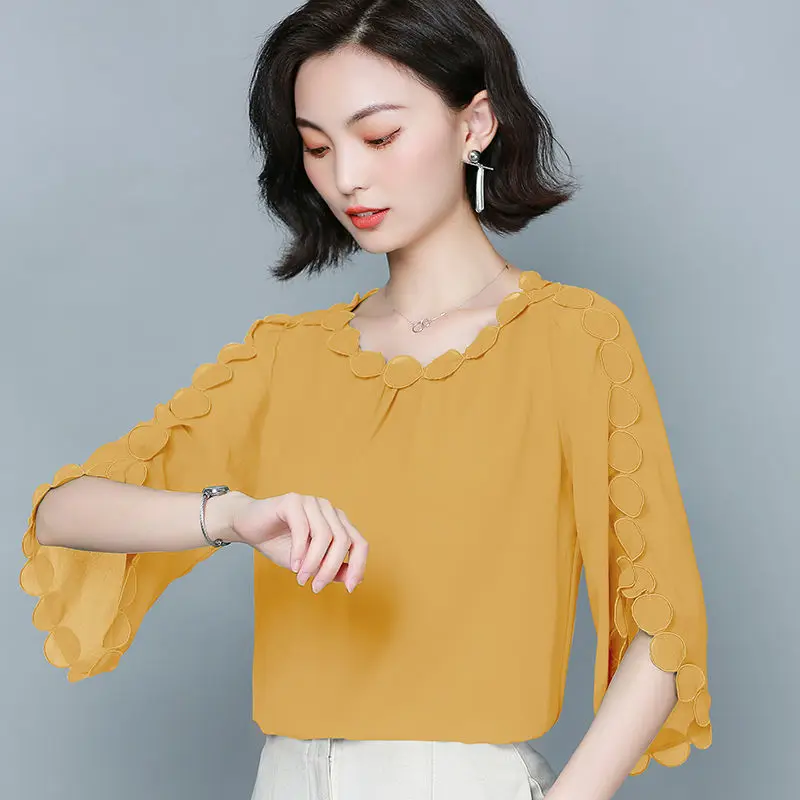 2023 New Oversized Womens Chiffon Blouses Summer O-Neck Solid Color Short Sleeve Chiffon Shirt Loose Female Tops Blusas De Mujer