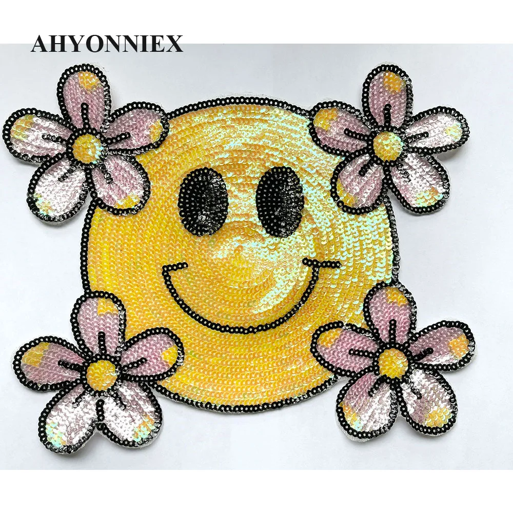 24CM X 28CM Yellow Smile Face Embroidery Patch Sequin Sticker Parches For Clothing Appliques Sew On Patches