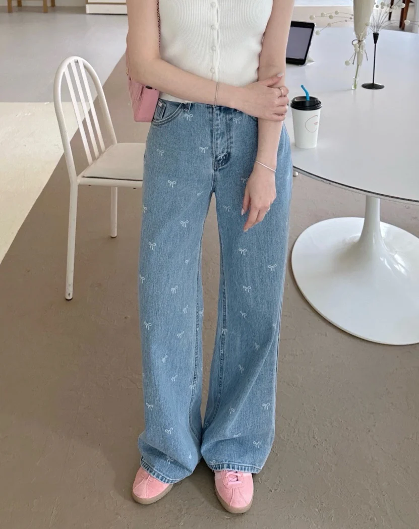 CHIC High Waist Bow Printed Baggy Jeans Women High Waisted Korean Fashion Straight Denim Pants Female Loose Blue Jeans Mon