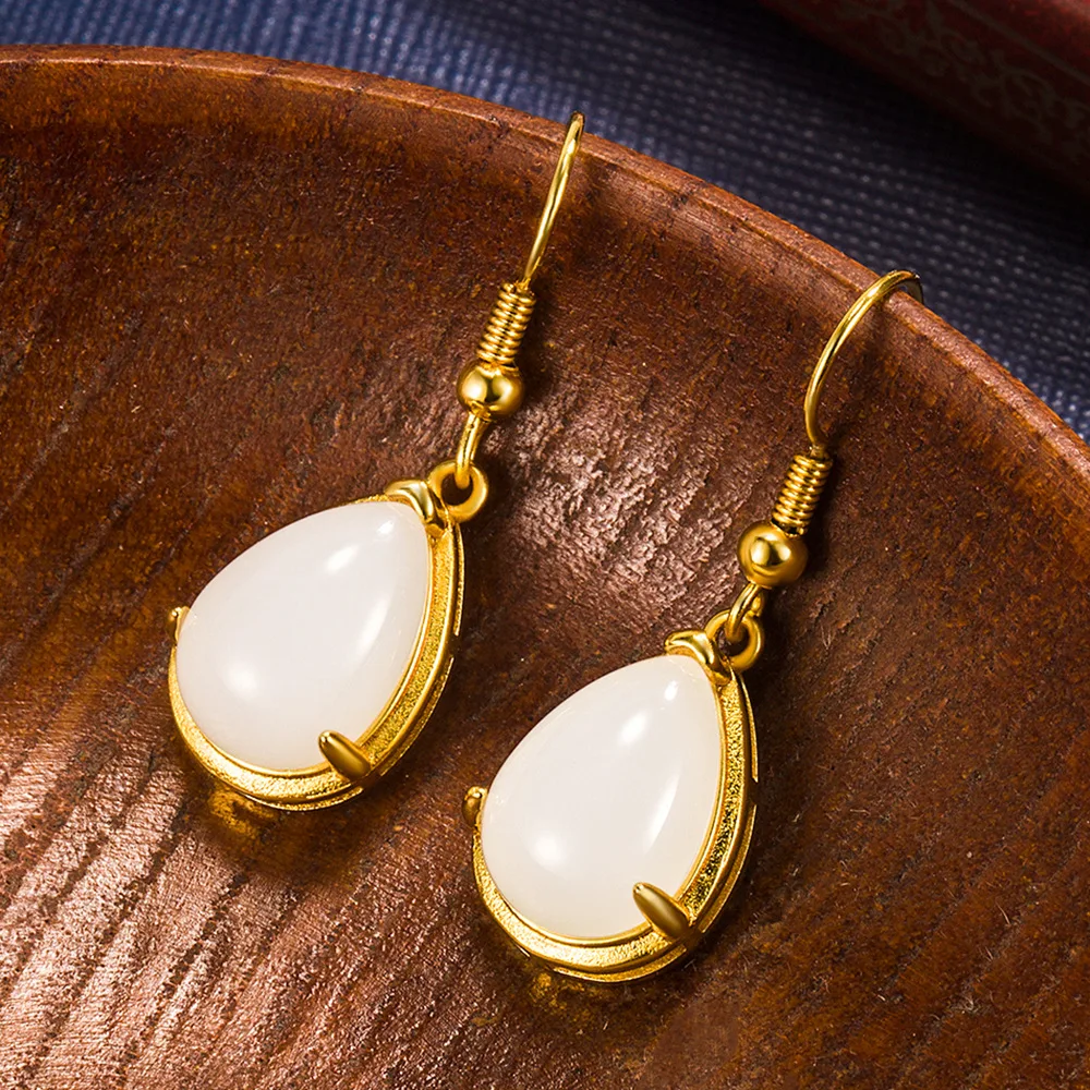 White Natural Jade Water Drop Earrings Lucky Charm Real Jewelry Designer Stone Vintage Carved Gemstone
