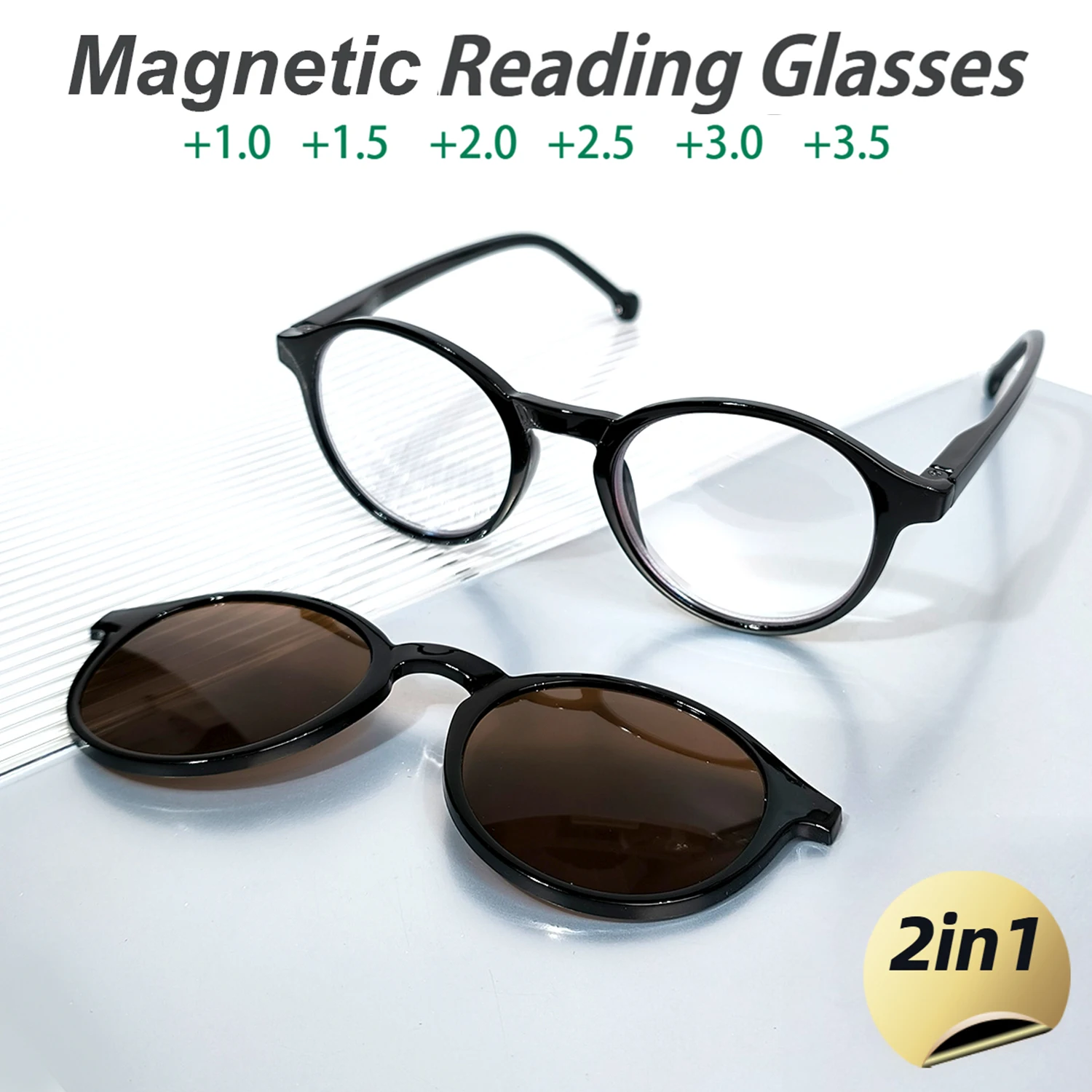 2 in 1 Magnetic Reading Glasses for Men Women Comfortable to Wear Round Frame Readers with Magnetic Sun Clip Dual Use Eyeglasses