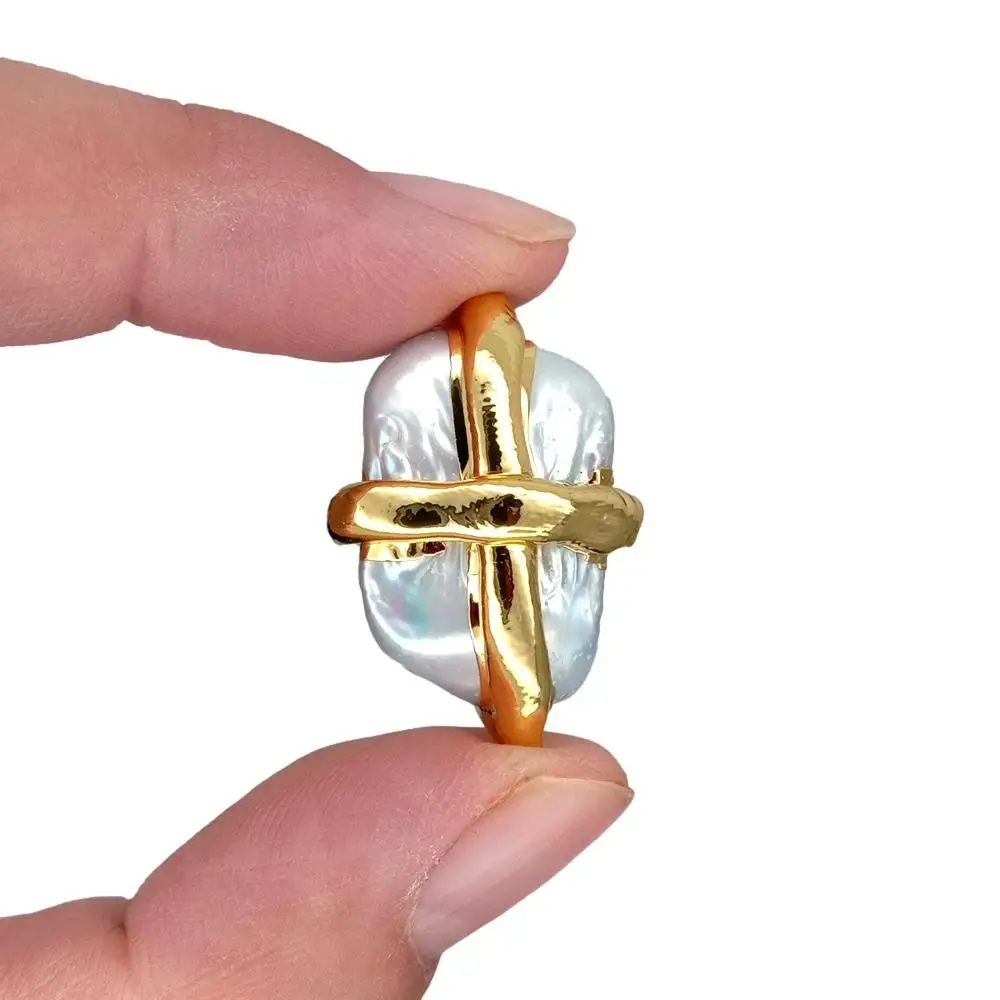 10 Pcs 19x28mm Cultured White Pearl Rectangle Shape Connector Beads Gold Plated Cross For Jewelry Making DIY