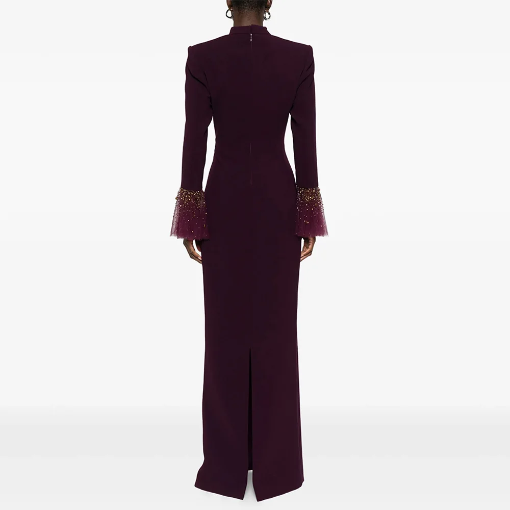 Modisches Meerjungfrau-Abendkleid, maßgeschneidert, Stehkragen, lange Ärmel, Perlenstickerei, Stein, Rückenschlitz, arabisches Abendkleid, Partykleider