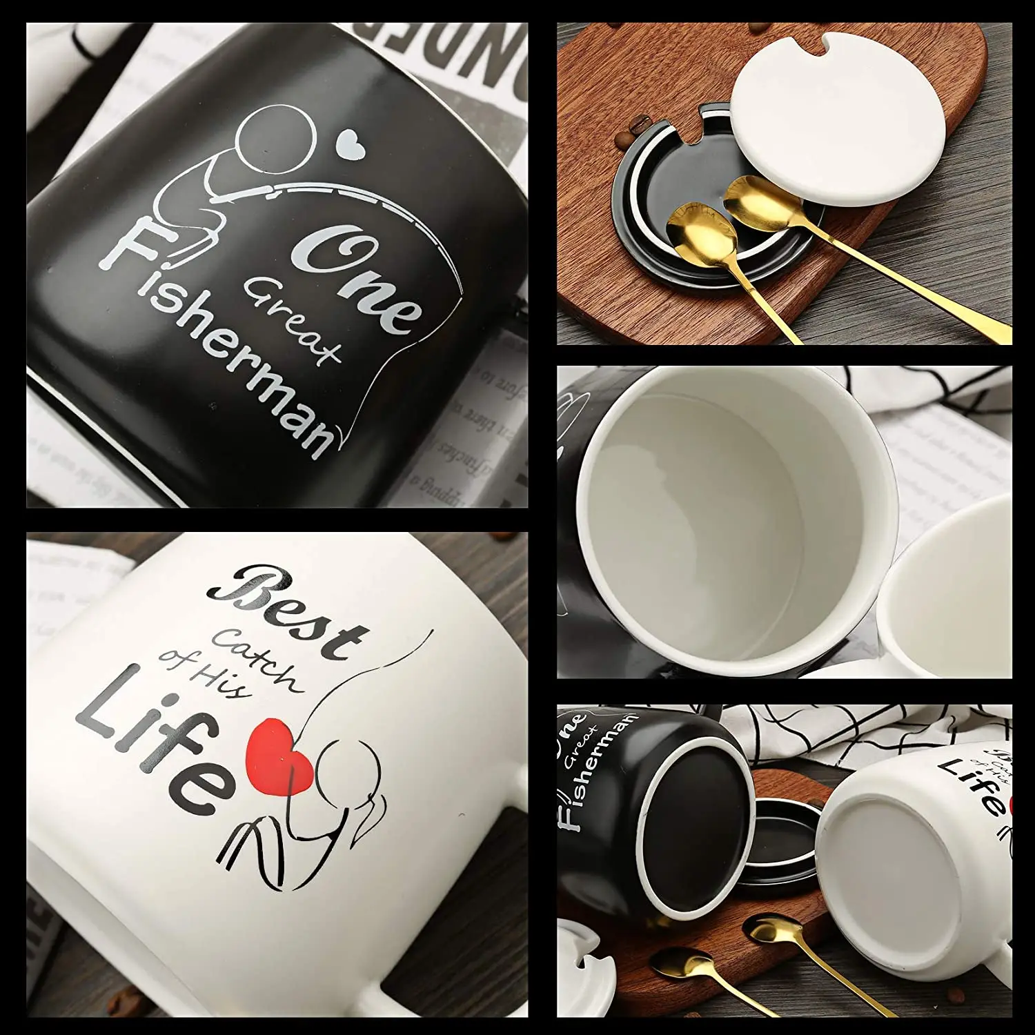 Coffee Couple Mugs Gift-Set - One Great Fisherman Best Catch of His Life Unique Engagement Wedding Gifts for Couples