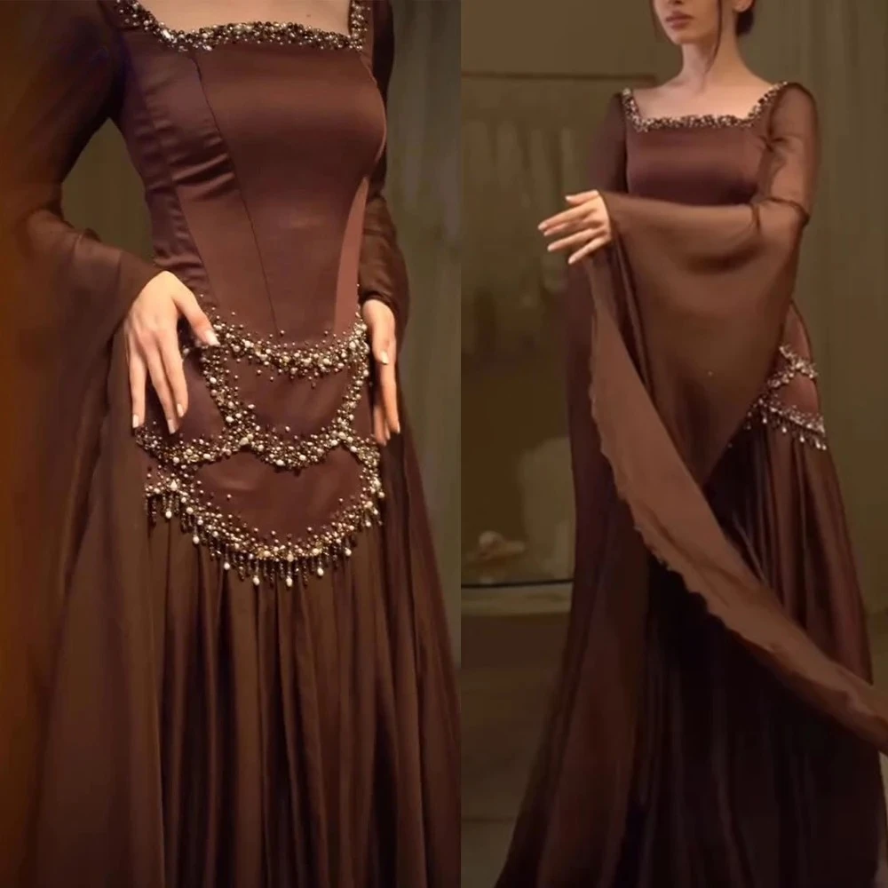 

Brown Evening Dress Square Neck Long Sleeves Beaded Prom Gowns A Line Floor Length Formal Party Dresses Customized
