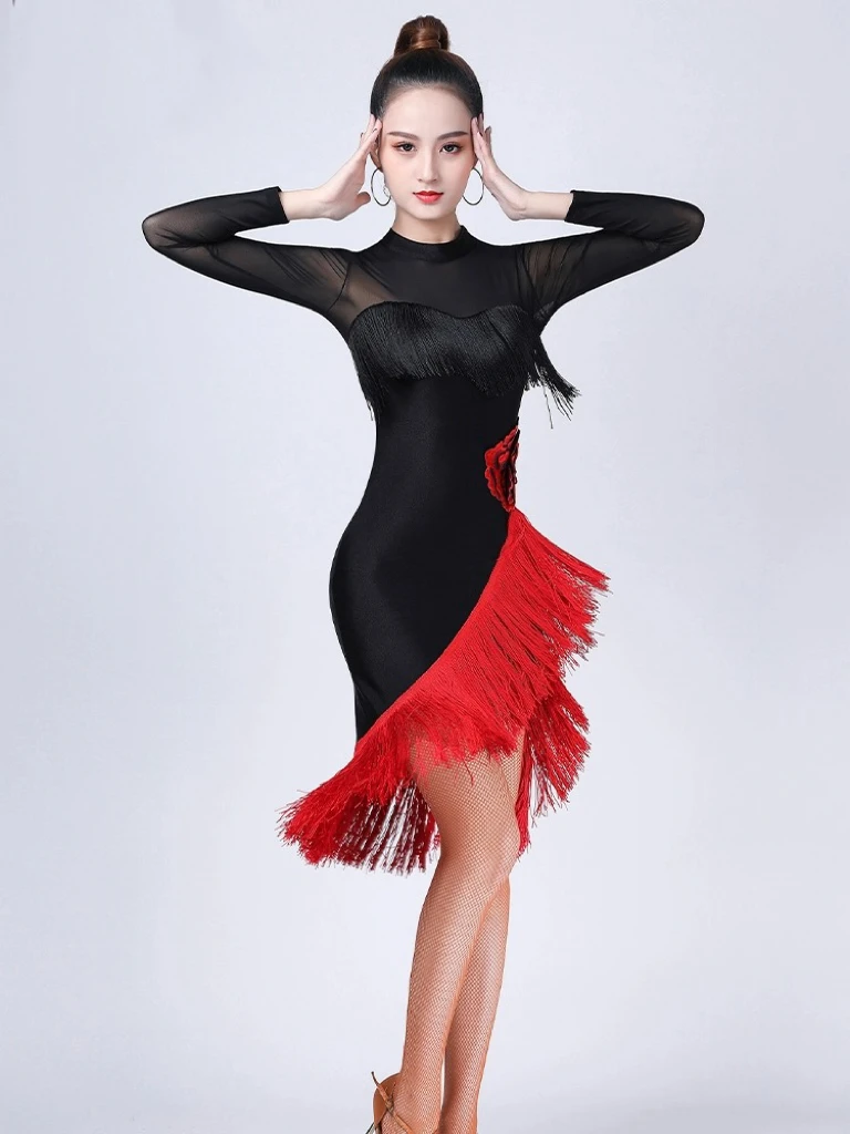 Long Sleeve Dress Women Dresses Big Red Flower Tassel Dance Skirt Latin Dancing Latina Black Sexy Girls Adult Costume Rumba 2023