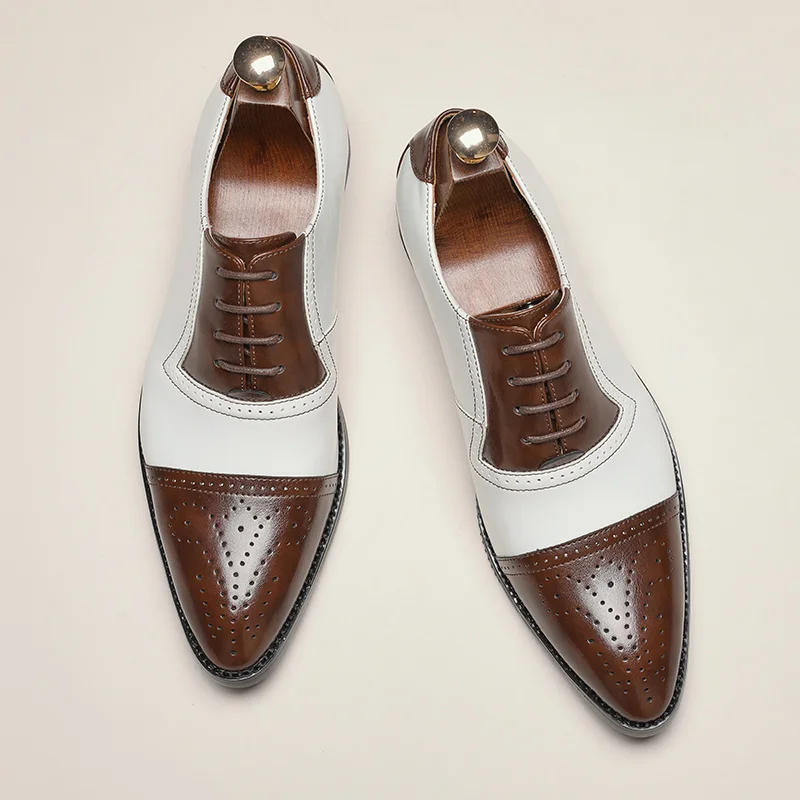 Men Business Block Shoes Lacquer Leather Splicing Lace Fashion Pointed Print Formal Shoes British Social Shoes 38-46 Men Shoes