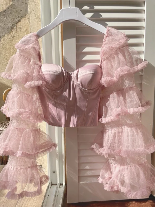 

Pink Bell-Sleeve Shirt Women's New 2026 Elegant Name Lady Strapless High-End Heavy Work Square Collar Pure Desire Fashion Top