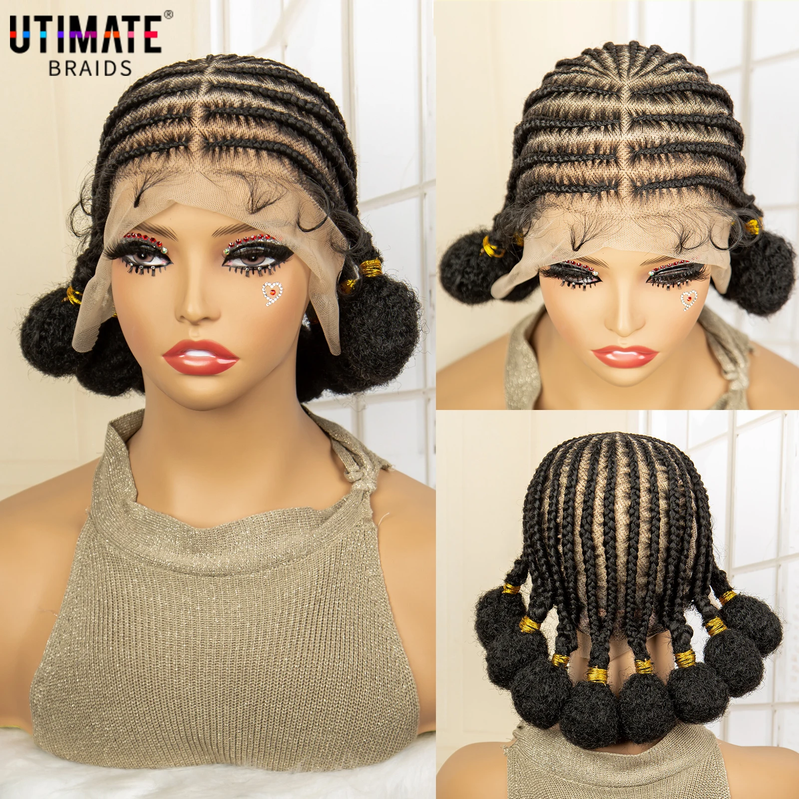 10 Inches Short Bantu Synthetic Full Lace African Cornrow Braided Wigs with Baby Hair for Black Women Knotless Braiding Wig