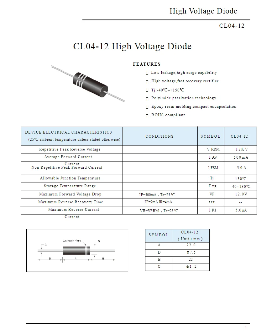 10pcs CL04-12A 450mA with terminal CL04-12 0.45A12kV Diameter7.5X22mm Microwave Oven High Voltage Rectifier Diode