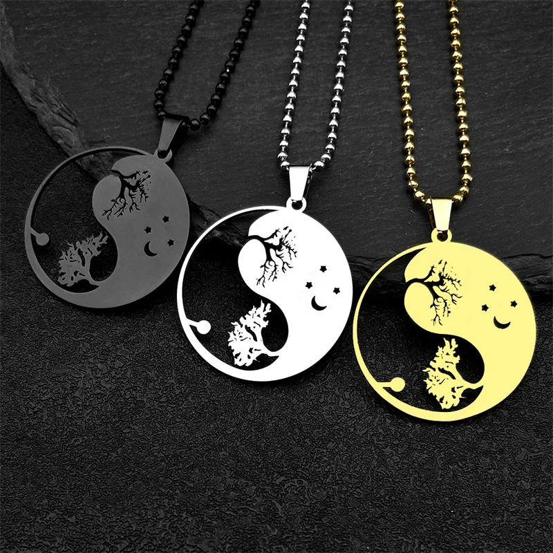 

Tai Chi Star Moon Car Keychain for Women Men Stainless Steel Gold Silver Black Color Tree of Life Car Hanging Pendant Jewelry