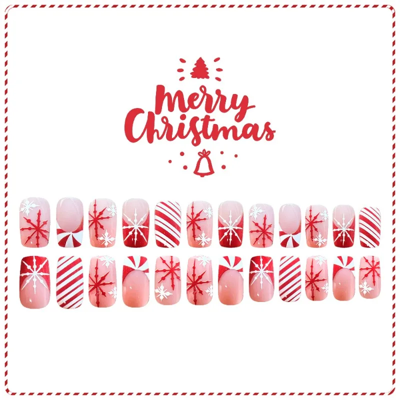 24개 가짜 손톱 크리스마스 테마의 빨간색과 흰색 색상이 블록된 손톱과 빨간색과 흰색 눈송이 사탕 디자인 프레스온 네일