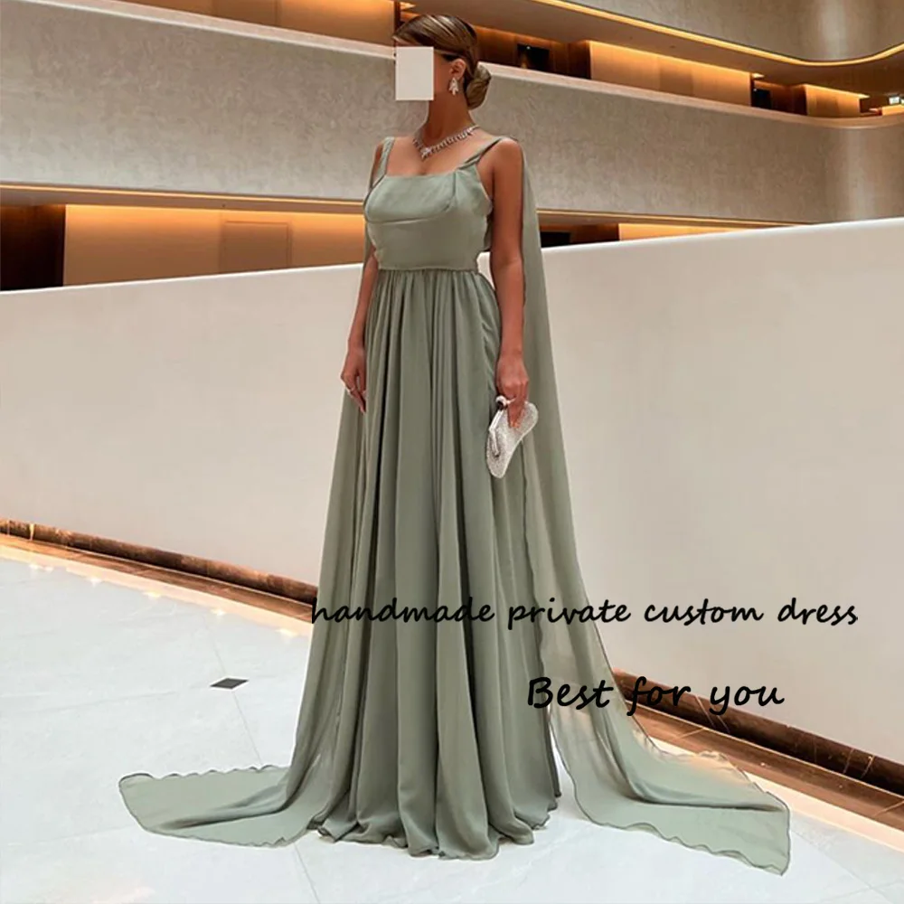 

Dusty Sage Chiffon A Line Evening Dresses Spaghetti Straps Arabic Dubai Prom Party Gowns Floor Length Celebrate Event Gown