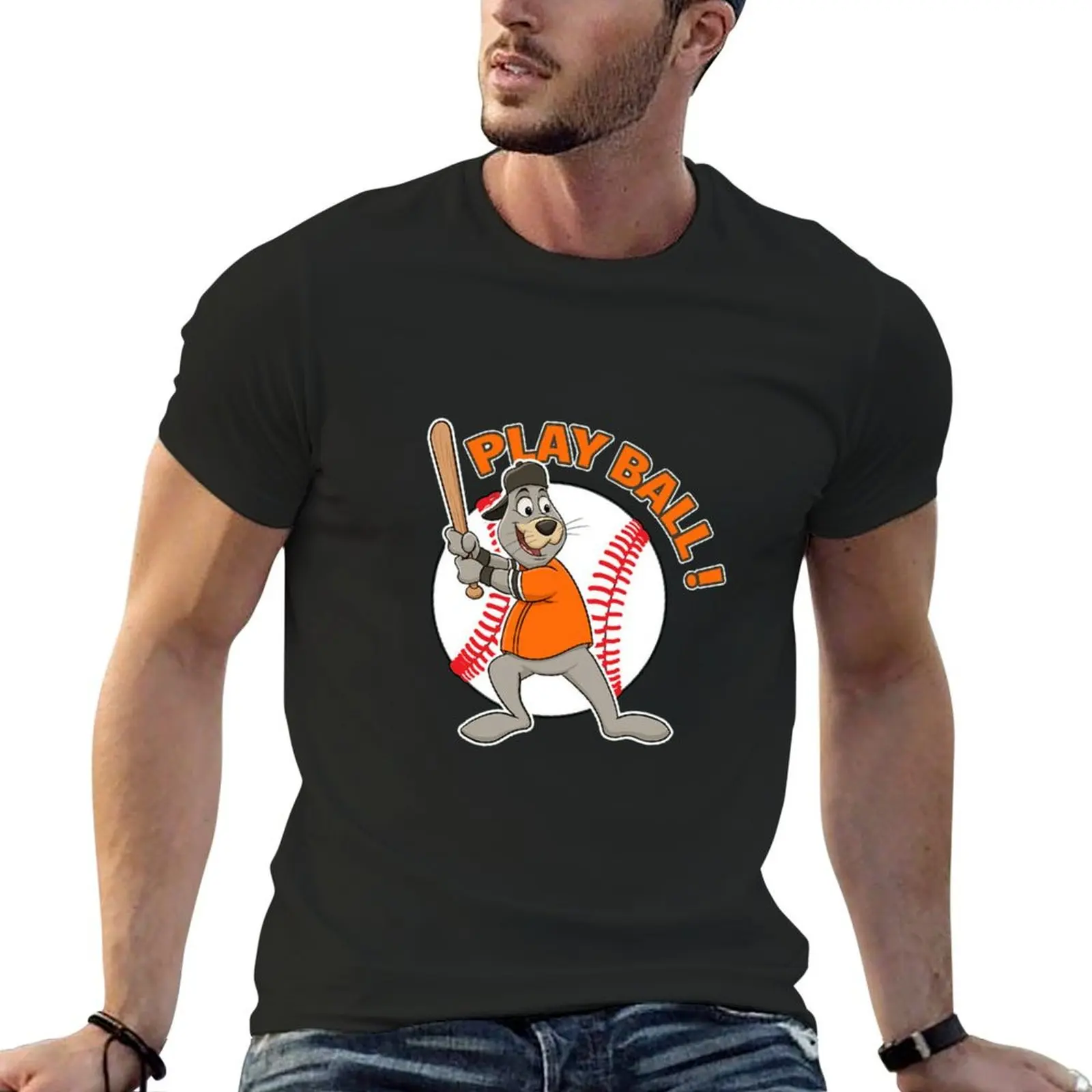 

play ball san fransisco giants baseball mascot lou seal T-Shirt blue lock vintage clothes sweat shirts, men