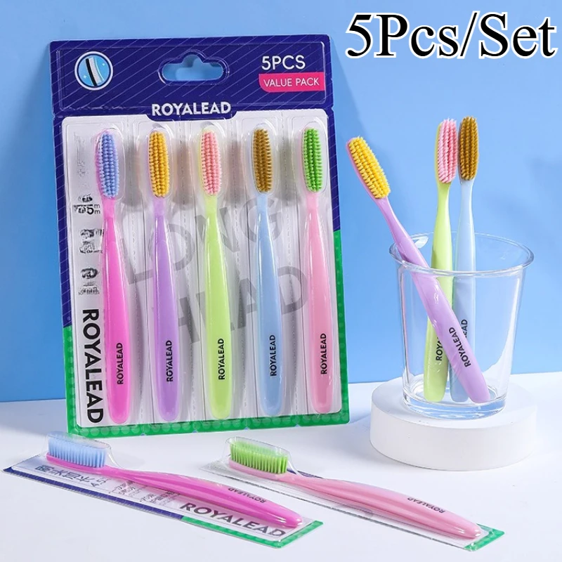 5Pcs/Set Colorful Ergonomic Long Head Soft Bristle Toothbrushes for Adults - Extra-Long Brush Head, Non-Slip Handle