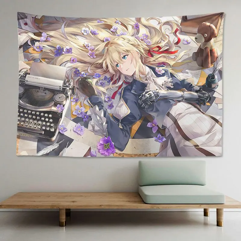 VIKAMA Blonde Anime Girl Typewriter Tapestry Wall Hanging Purple Flower Teddy Bear Vintage Aesthetic Wall Art Dorm Bedroom Decor