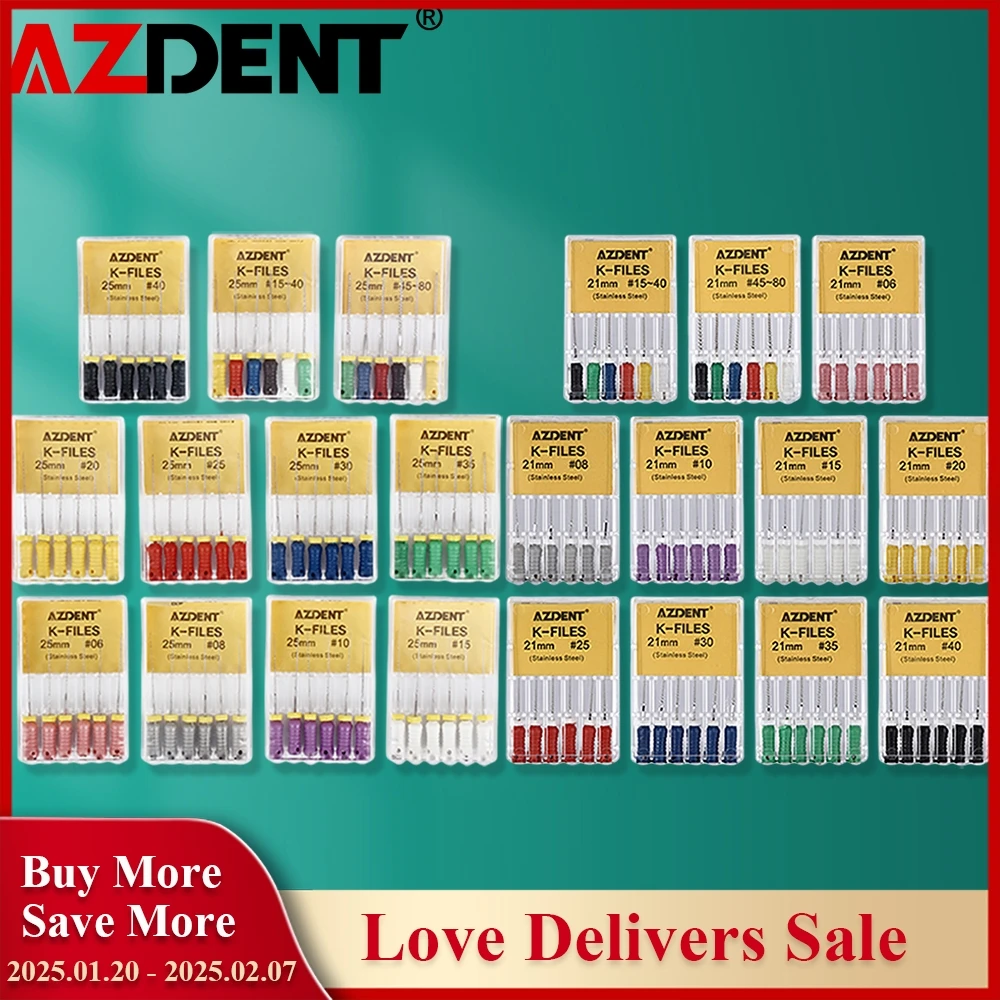 6Pcs/Pack AZDENT Dental Hand Use K-Files 21/25mm/31mm Stainless Steel Endodontic Root Canal Files Dentist Tools Dental Files Lab