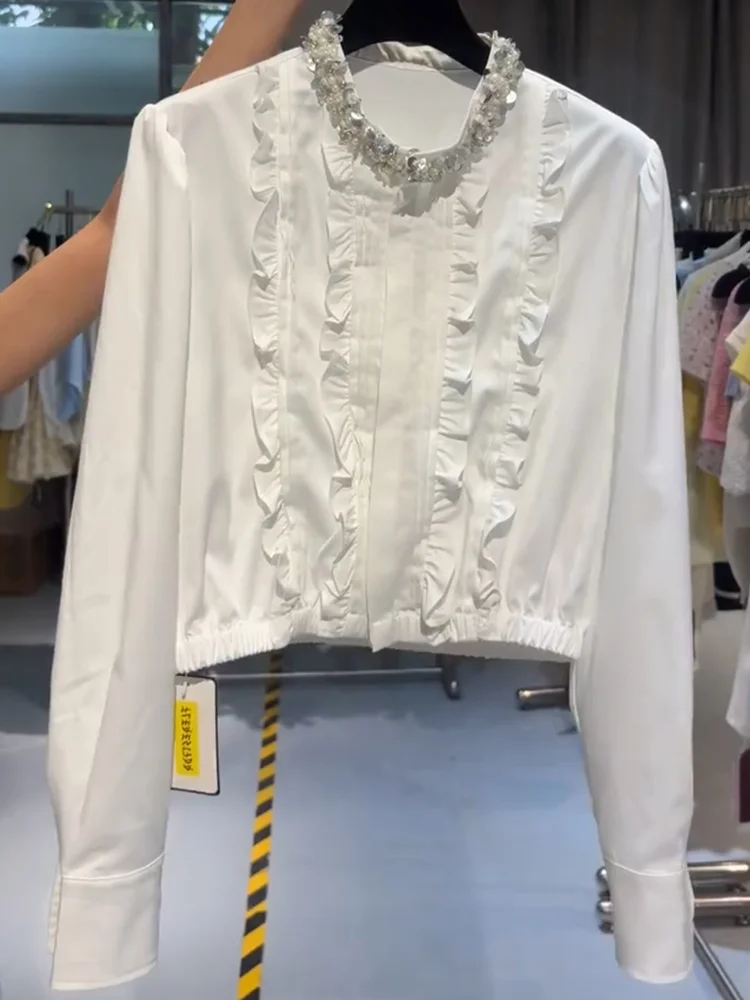 

Футболка с инкрустацией стразами и деревянным декором для повседневной носки, модная, универсальная, больших размеров, осенняя новинка