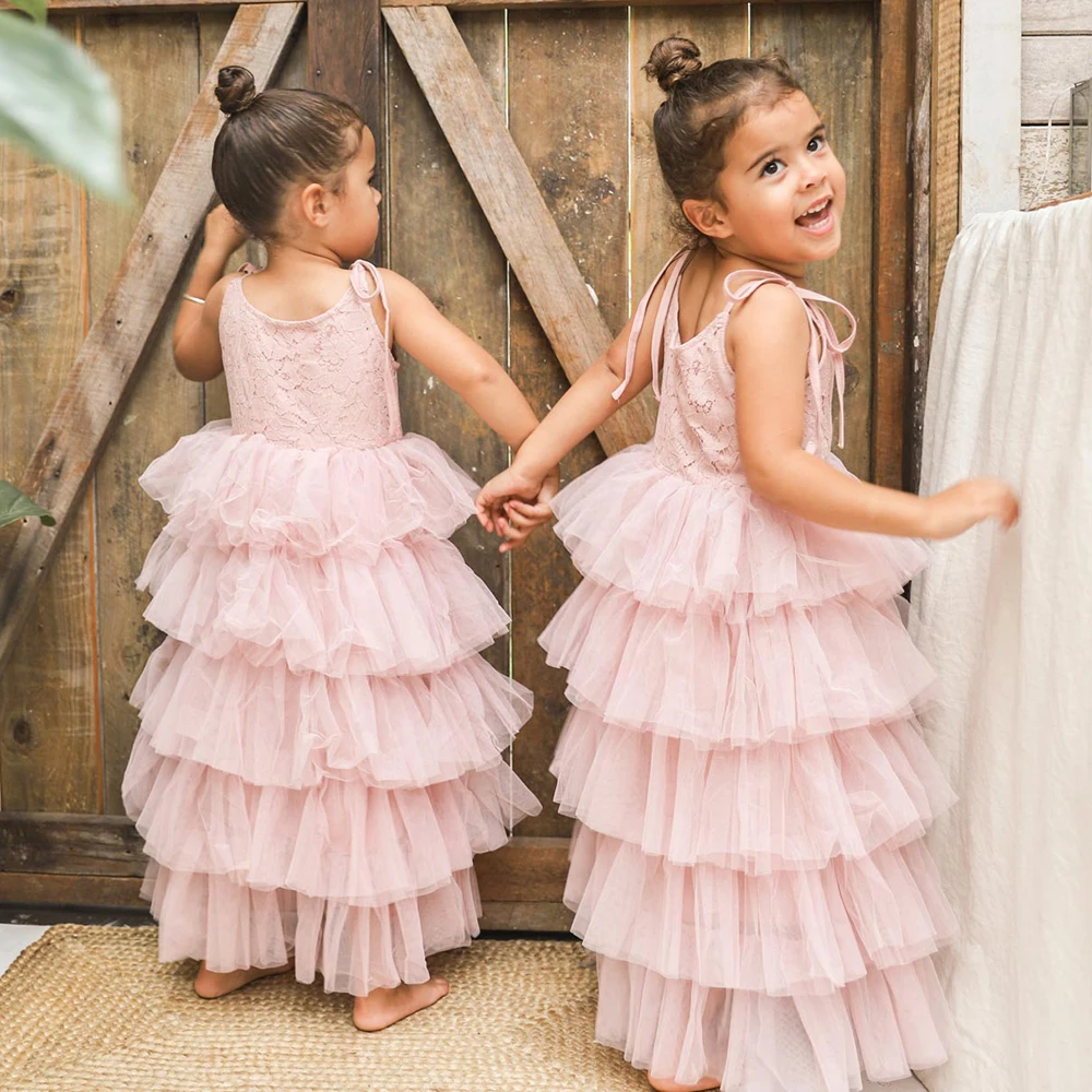 New Summer Dress for Girls Kid Sling Beach Layer Tulle Dress Princess Birthday Party Gown 3-10Y Children Clothes Elegant Dresses